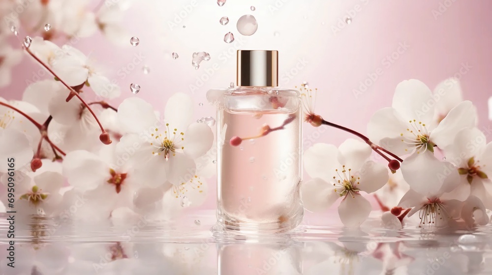 Perfume bottle on light pink background, beauty products for women Perfume bottle on light pink background, beauty products for women