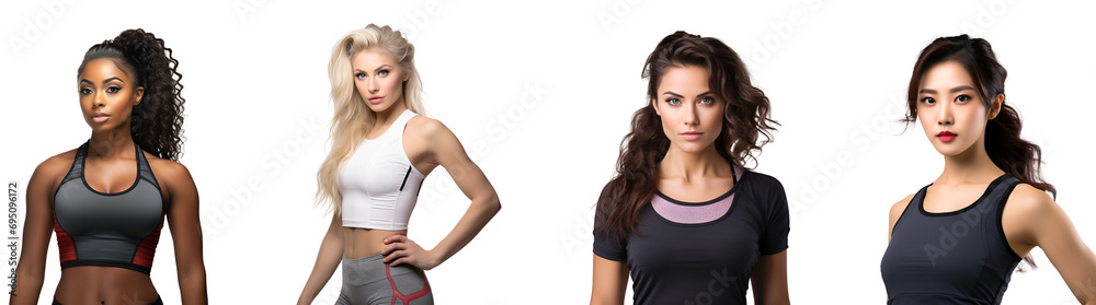 Set of Different Women in Gym Wear: Showcasing Varied Fitness Styles, Isolated on Transparent Background, PNG Set of Different Women in Gym Wear: Showcasing Varied Fitness Styles, Isolated on Transparent Background, PNG