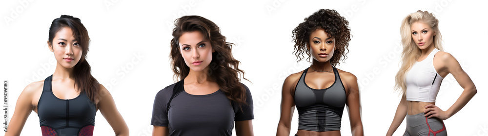 Set of Women with Athletic Attire: Featuring a Range of Fitness Looks, Isolated on Transparent Background, PNG Set of Women with Athletic Attire: Featuring a Range of Fitness Looks, Isolated on Transparent Background, PNG