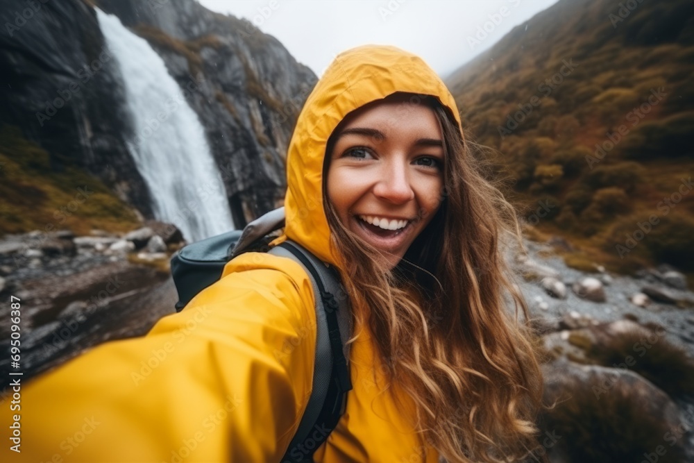 A young girl tourist takes a selfie against the backdrop of a waterfall