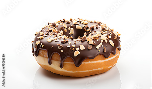 Sweet chocolate glazed donut with sprinkles on white background.