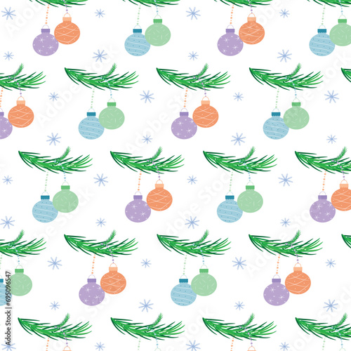 A 2024 New Year seamless pattern with two baubles hanging of a green branch vector illustration.