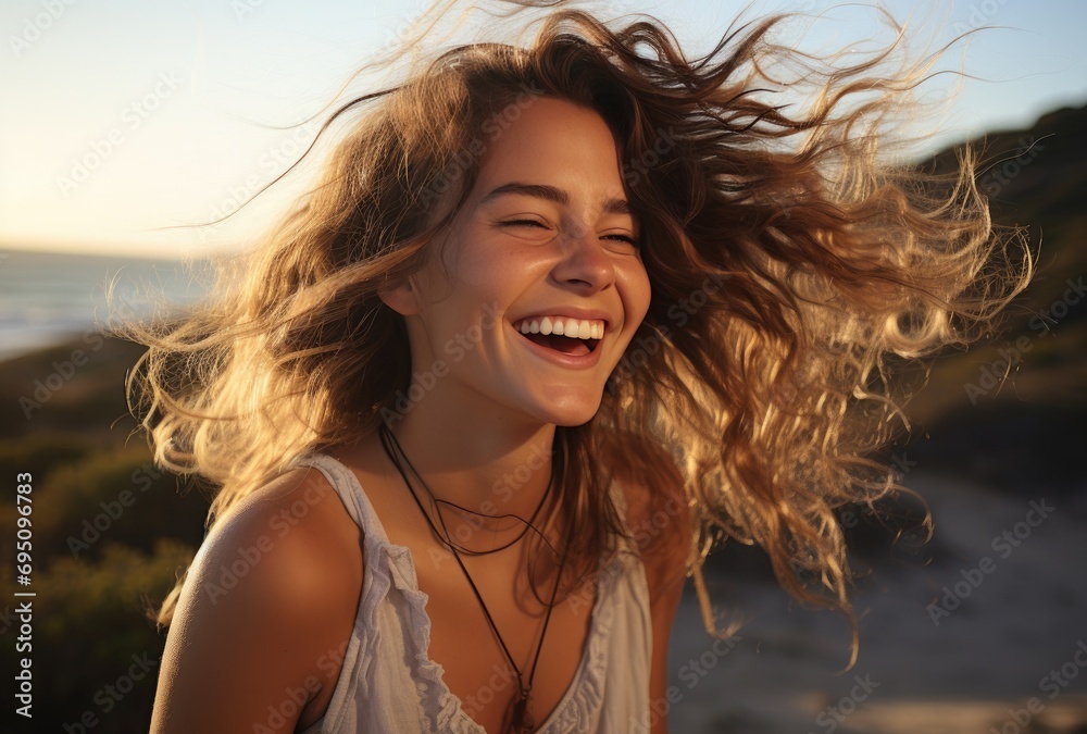 smiling young woman laughing in the wind