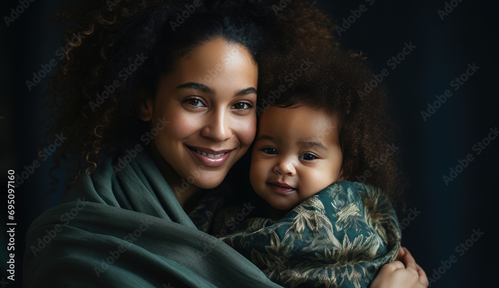 woman embracing her newborn child and smiles into the camera woman embracing her newborn child and smiles into the camera