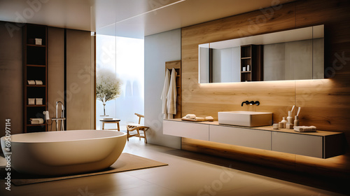 Salle de bain au décor contemporain dans les tons naturel