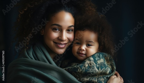woman embracing her newborn child and smiles into the camera