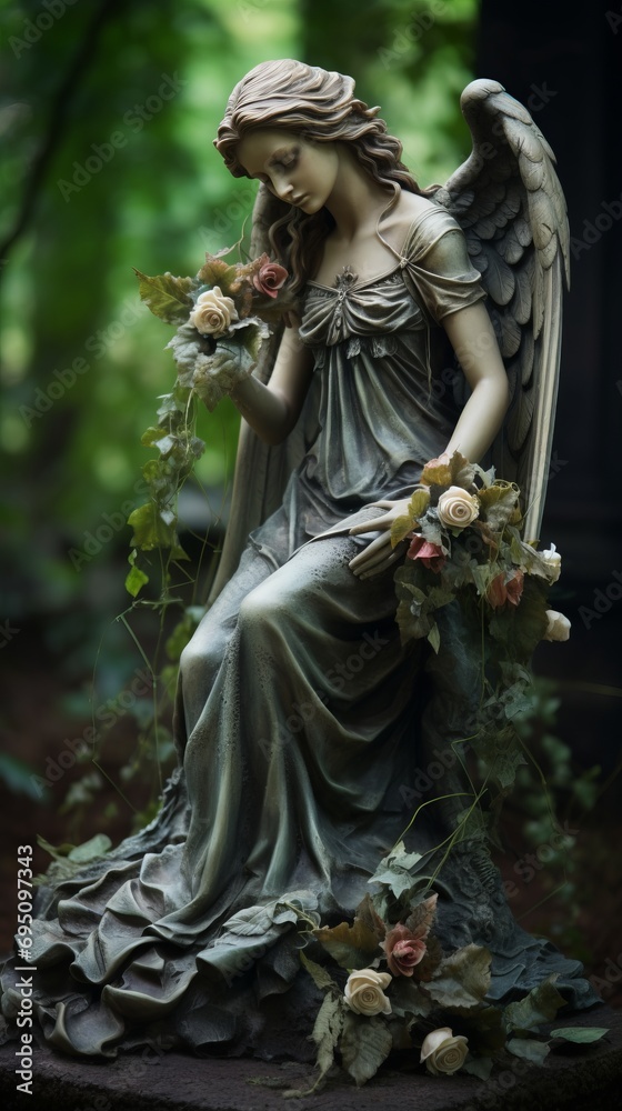 Monument to a mourning angel on a gravestone in a cemetery