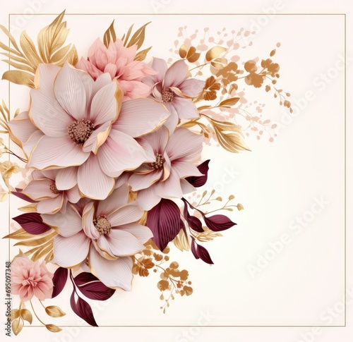 white frame with flower surrounded by gold leafs