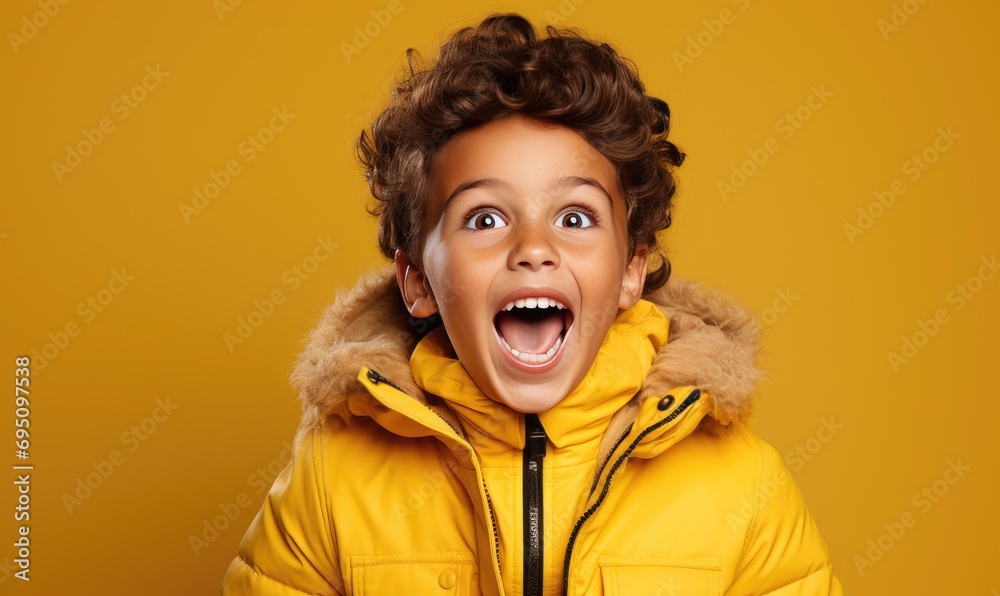 young boy wearing yellow jacket making a huge young boy wearing yellow jacket making a huge