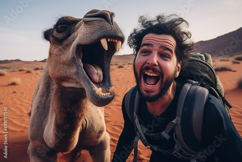 Joyful Tourist on Group Camel Ride in Desert © borisk.photos