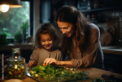 young female in a kitchen with a child cooking vegetables