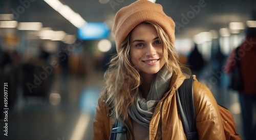 young woman standing with a backpack in an airport