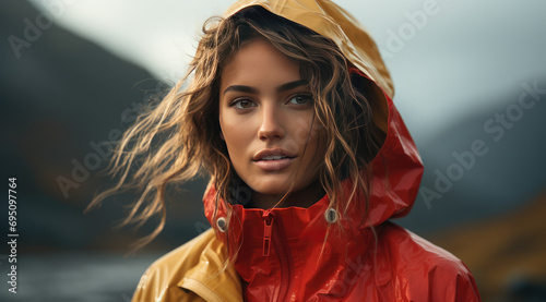 young smiling woman with a raincoat standing and looking at the mountains