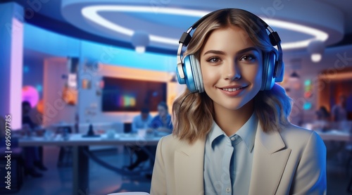 young woman talking in headphones at the office