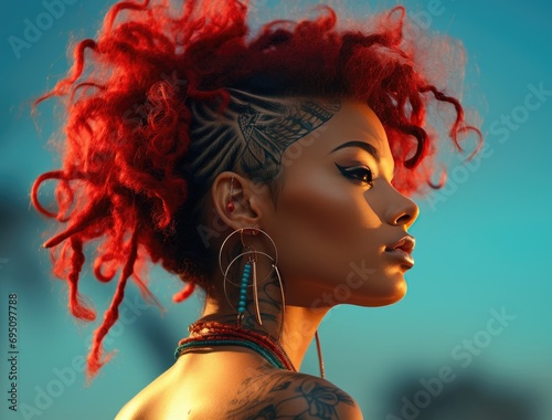woman with red hair and big hoop earrings