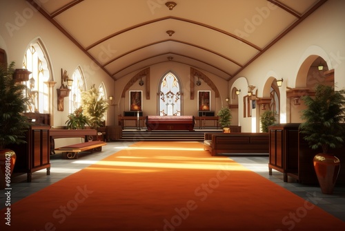 Funeral hall decorated with flowers for meeting relatives and friends near the coffin to pay tribute to the memory of the deceased