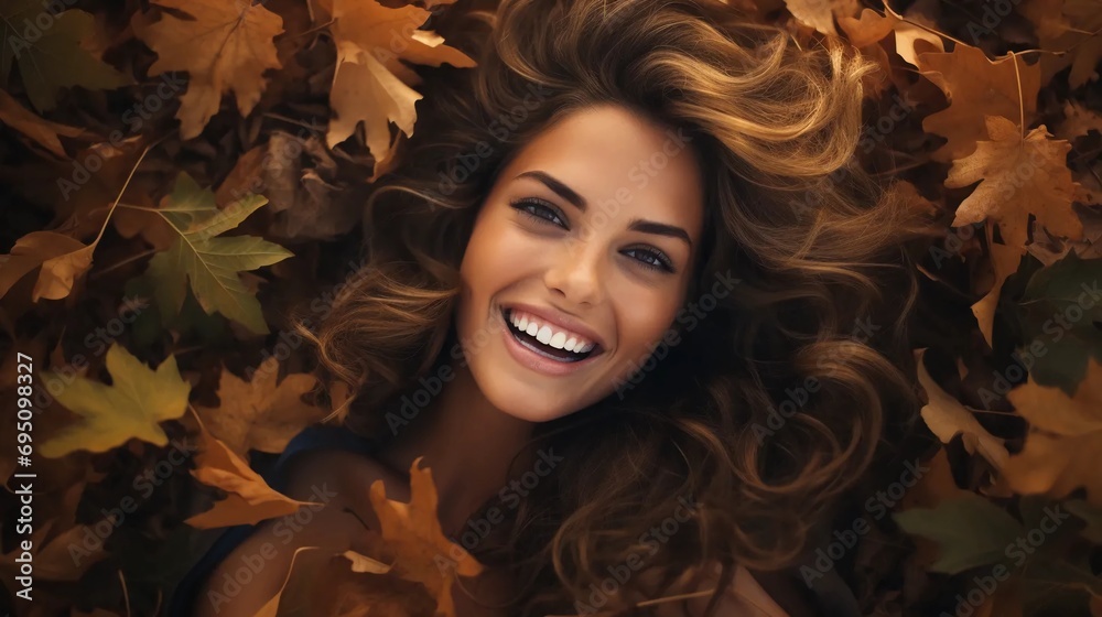Smiling face of a woman lying in autumn leaves