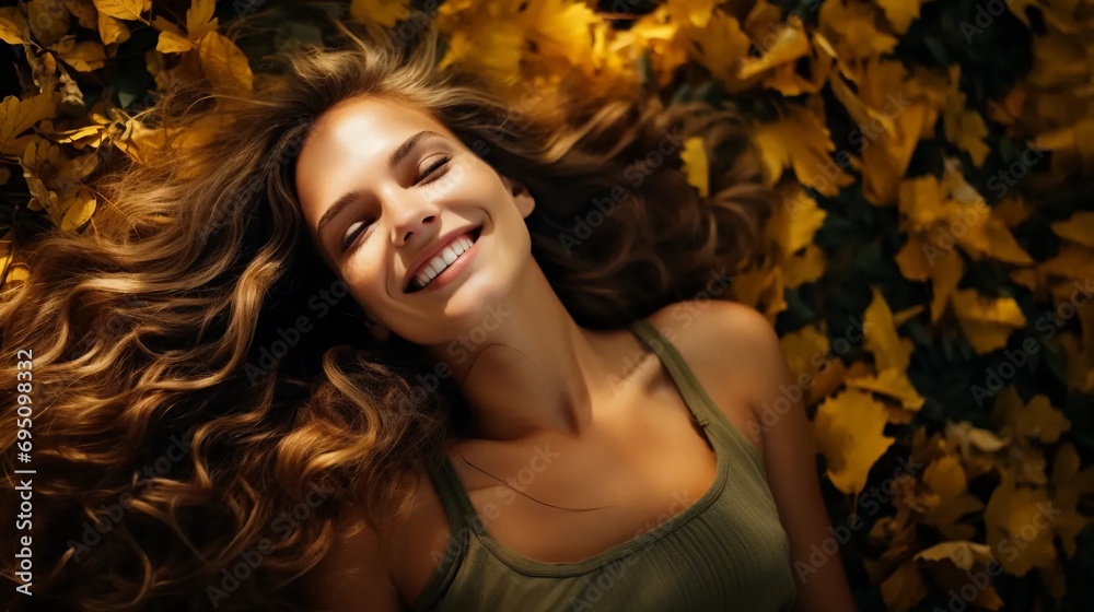 Relaxed and calm face of a woman with loose hair lying on autumn leaves