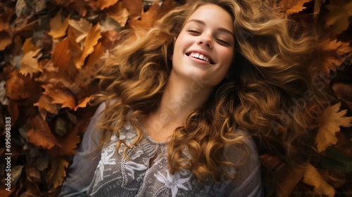 Relaxed and calm face of a woman with loose hair lying on autumn leaves