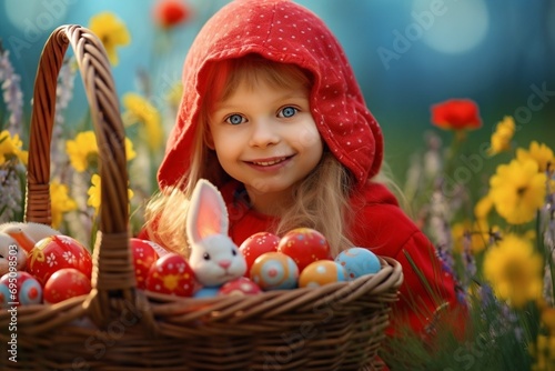 Easter. A blonde girl in a red kopichon with a basket full of Easter eggs and hares. The background is a bright, sunny day, lush green flowers. Atmosphere of celebration and joy