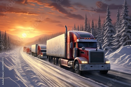 Car freight transportation, close-up of a truck driving in winter on a snowy road along a forest