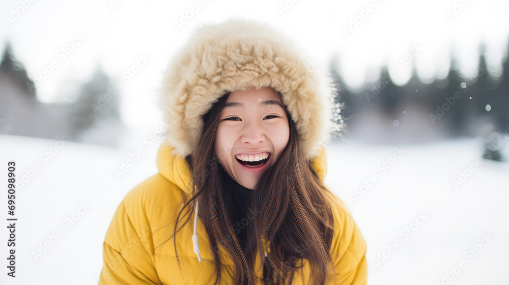 Portrait of Happy smiling teenager asian girl in hat enjoying snowfall in winter season. White snow, joy of winter, surprise, outdoor activities. Portrait of Happy smiling teenager asian girl in hat enjoying snowfall in winter season. White snow, joy of winter, surprise, outdoor activities.