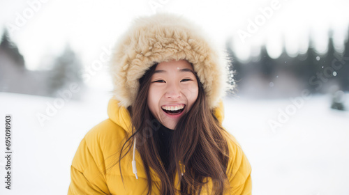 Portrait of Happy smiling teenager asian girl in hat enjoying snowfall in winter season. White snow, joy of winter, surprise, outdoor activities. © SnowElf