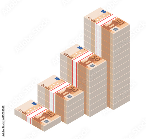 Isometric stacks of 50 Euro banknotes rising up graph. Big pile of money. Cash flow stairs. Notes are growing. Business concept. Vector illustration