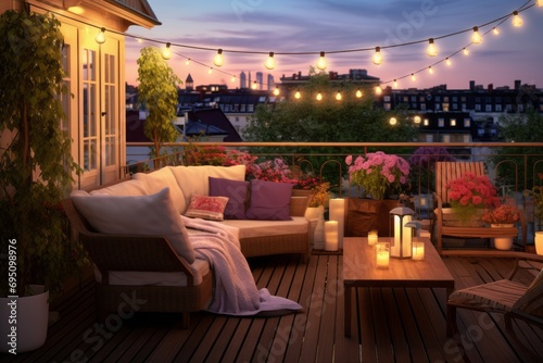 A cozy warm evening after work on your roof overlooking the sleeping city, a terrace with a comfortable sofa and lights and table lamps photo