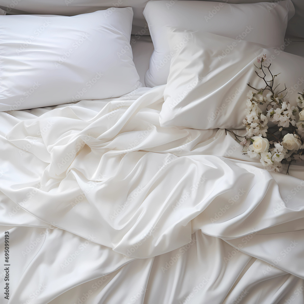 White sheets with pillows in the room, aesthetic photo, professional photo, bloggers photograph 