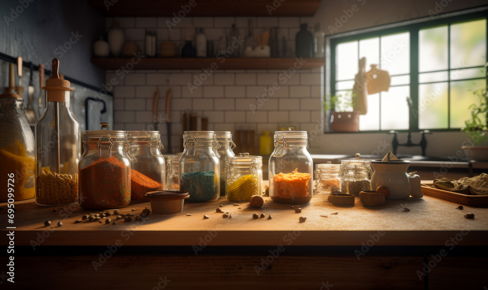 Vintage kitchen stock photo image of spices. A wooden table topped with jars filled with food