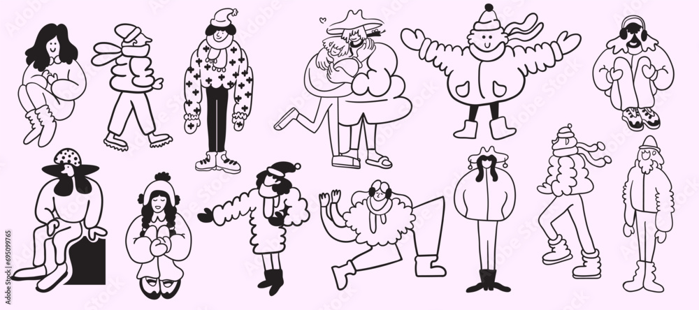 set of characters in winter clothes in doodle style in vector. People at winter.Template for postcard illustration poster sticker