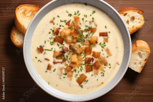 Top view of onion cream soup with garlic croutons, plate with pack on wooden background