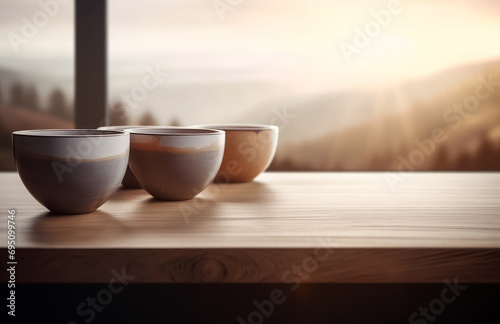 White wooden counter top. Three cups sitting on top of a wooden table