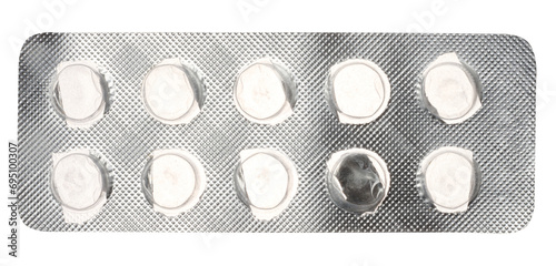 Fotografie Empty blister pack of round pills on a white isolated background