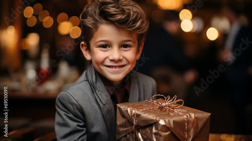 Little boy holding Christmas present