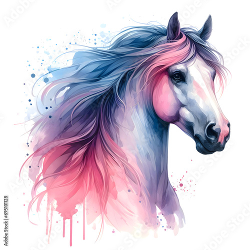 Horse head. Portrait pink mare. Watercolor paint. Isolated illustration on a white background. Banner. Close-up. Generative AI