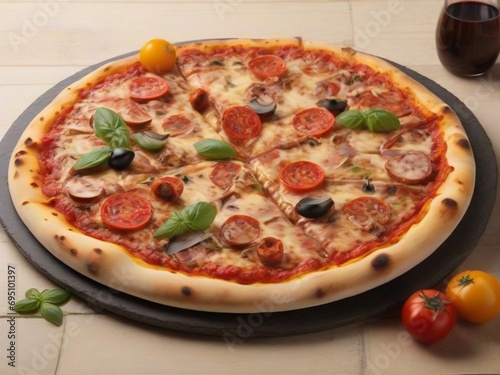 Fresh pizza on wooden table closeup