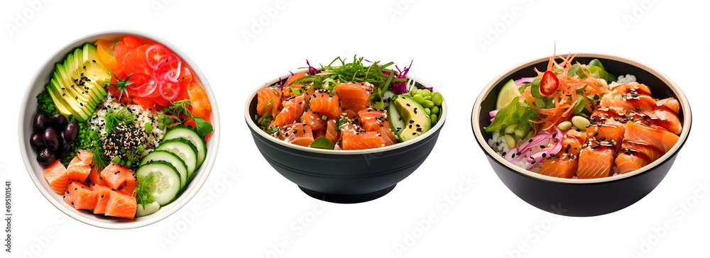 Set of Bowls with Savory Rice, Salmon, and Vegetables, Presented from Side and Top Views, Isolated on Transparent Background, PNG - obrazy, fototapety, plakaty 