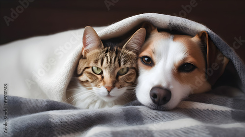Charming Cat and Dog Peeking Out from Under a Blanket on a Sofa: A Heartwarming Scene of Pet Companionship