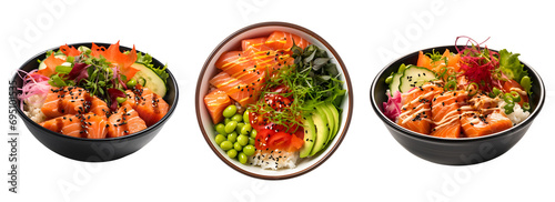 Set of Bowls Featuring Tasty Rice, Salmon, and Vegetables, Viewed from Side and Top, Isolated on Transparent Background, PNG