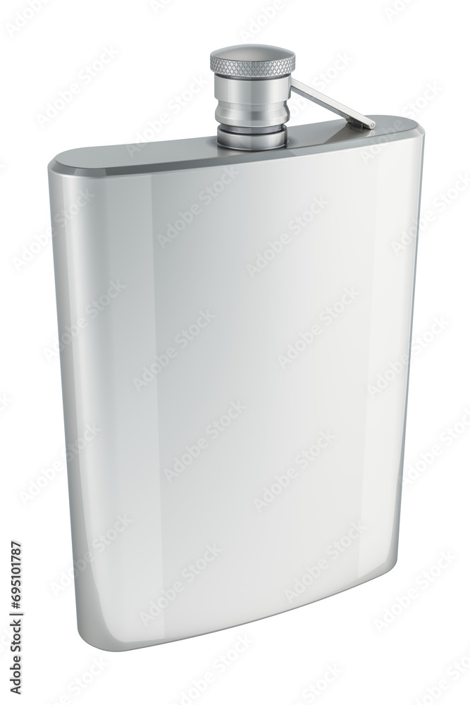 Silver Hip Flask, 3D rendering isolated on the transparent background