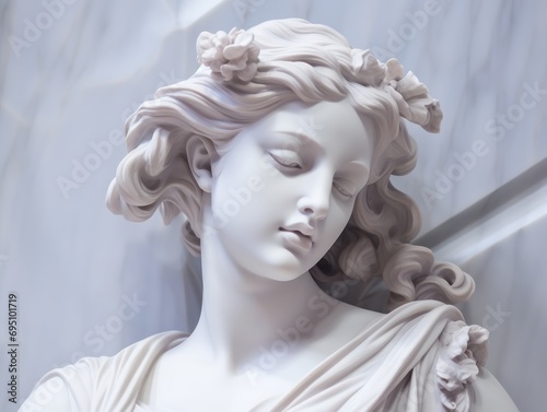 Ancient Greek sculpture of a woman on white marble background