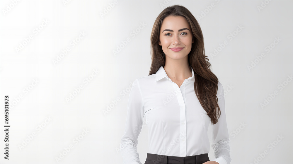 portrait of a smiling business woman wearing a white shirt, isolated on white background portrait of a smiling business woman wearing a white shirt, isolated on white background
