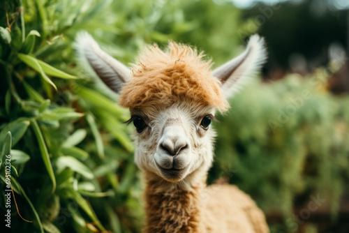 A brown alpaca with a fluffy head and alert ears stands in front of lush greenery.