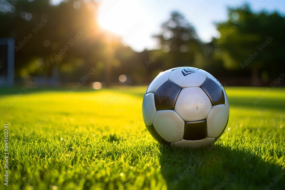 Obraz premium Golden Hour Soccer Elegance, soccer ball, grass, golden sunlight, pristine