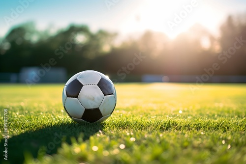 Sunlit Soccer Pitch Atmosphere, soccer ball, dynamic atmosphere, sports equipment © asura