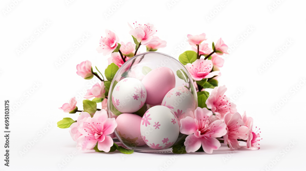 Easter composition with a glass bowl filled with pink decorated eggs surrounded by cherry blossoms. Easter composition with a glass bowl filled with pink decorated eggs surrounded by cherry blossoms.