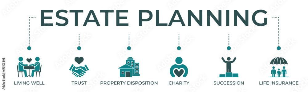 Estate planning banner website icon vector illustration concept with icon of living well, trust, property disposition, charity, succession, life insurance. - obrazy, fototapety, plakaty 