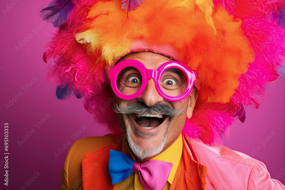 A happy man with a colorful feathered headdress and a pink suit is posing in front of a solid pink background, ai generative A happy man with a colorful feathered headdress and a pink suit is posing in front of a solid pink background, ai generative